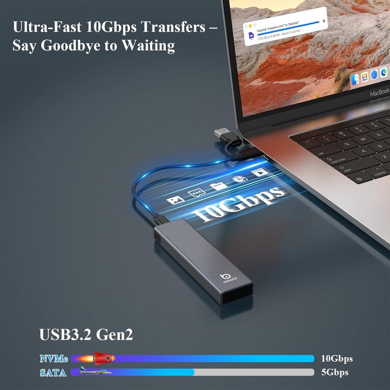 xiaobi M.2 NVMe SSD Enclosure, Tool-Free Installation, USB 3.2 Gen 2 (10 Gbps) to NVME M-Key/(B+M) Key PCIe NVMe Reader Support UASP and Trim, for SSDs 2230/2242 /2260/2280（Gery） - Image 2